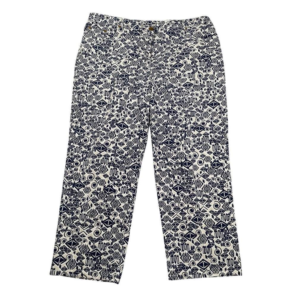 Ruby Rd Pants 18 Navy Geometric Cotton Stretch Cropped 25" Inseam Cruise Casual